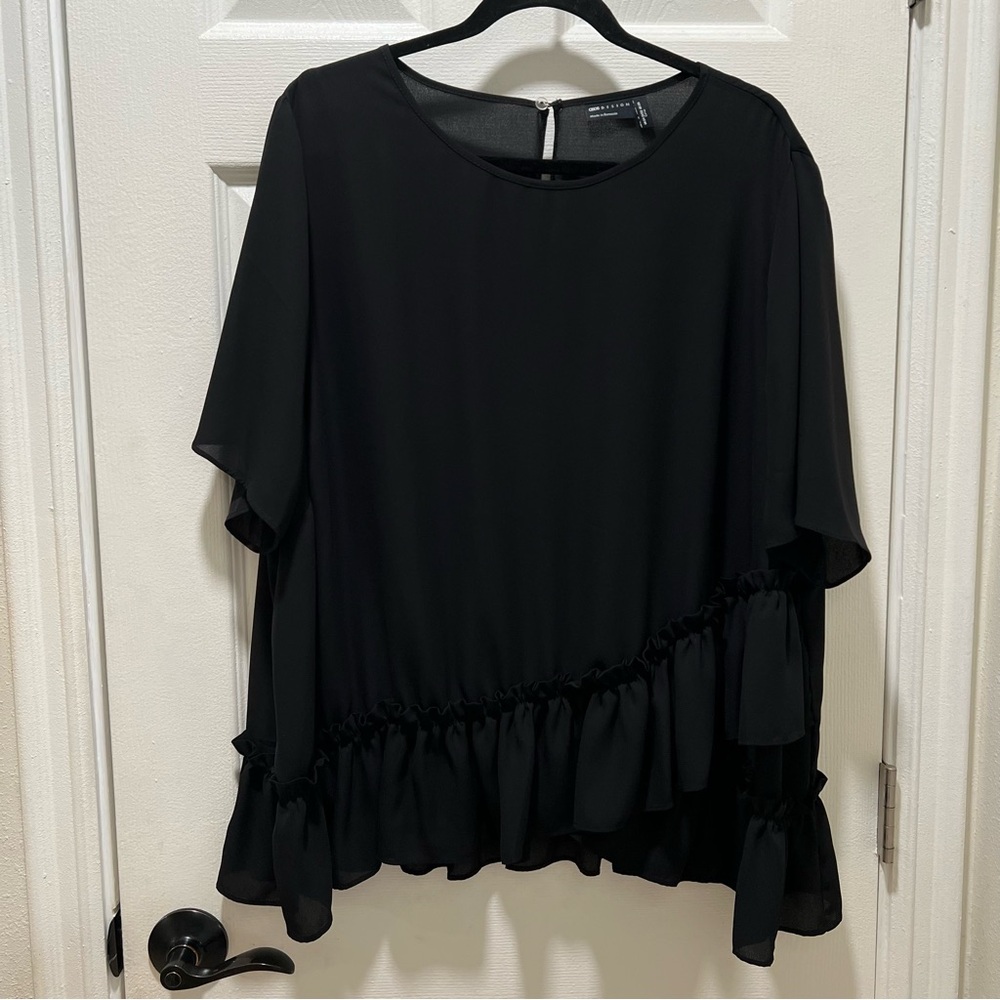ASOS DESIGN Curve Semi-Sheer Black Asymmetric Ruffle Top -Plus Size US 20 / 2X